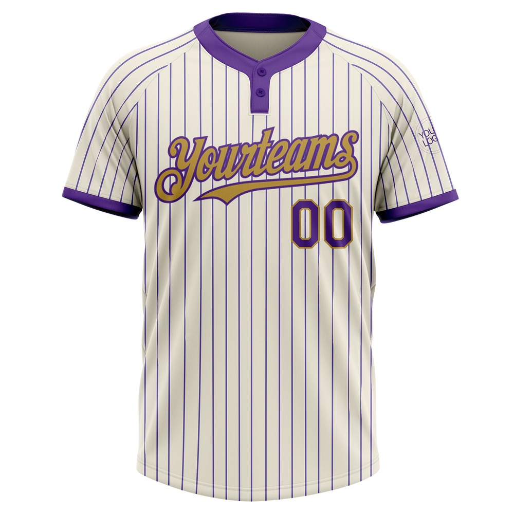 Cream Purple Pinstripe Old Gold Two Button Unisex Softball Jersey, Custom Team Softball Jersey Cream Purple Pinstripe Old Gold Two Button Unisex Softball Jersey, Custom Team Softball Jersey
