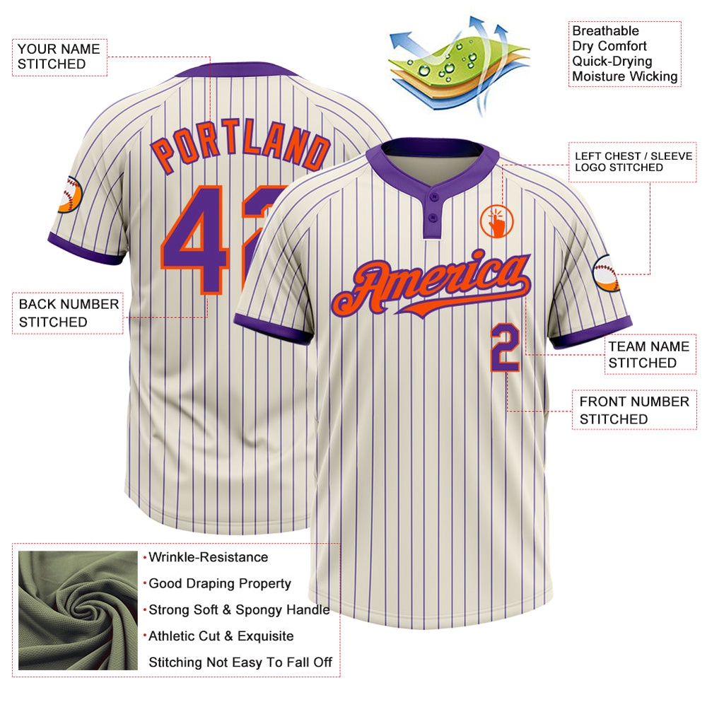 Cream Purple Pinstripe Orange Two Button Unisex Softball Jersey, Custom Team Softball Jersey