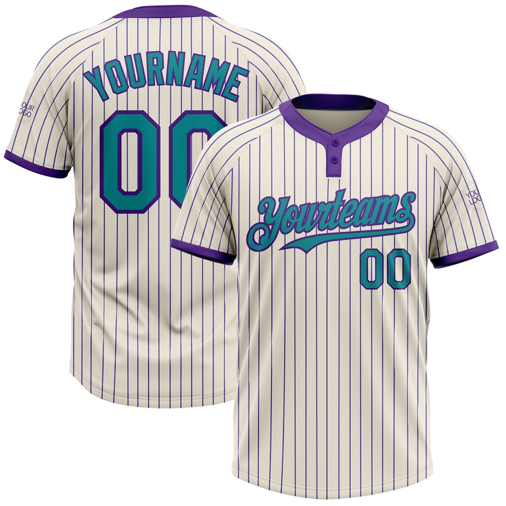 Cream Purple Pinstripe Teal Two Button Unisex Softball Jersey, Custom Team Softball Jersey