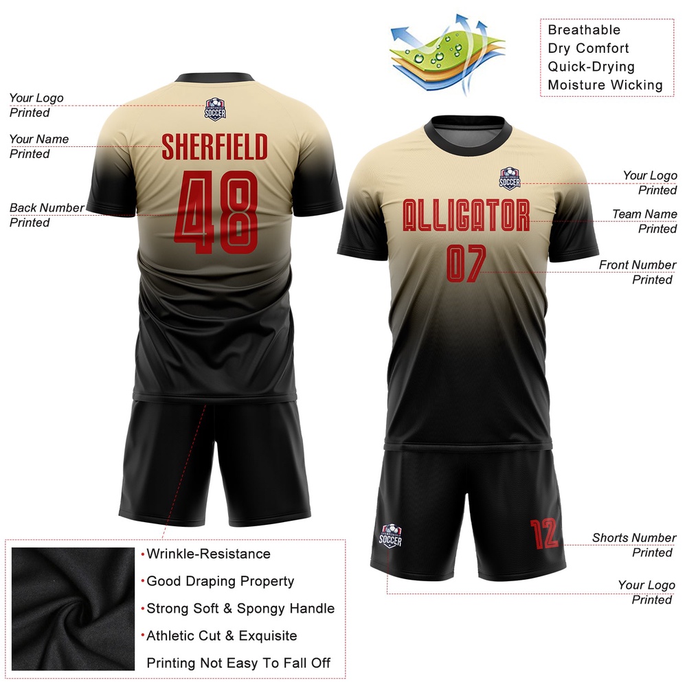 Cream Red Black Sublimation Fade Fashion Soccer Uniform Jersey, Custom Team Soccer Jersey Shirt