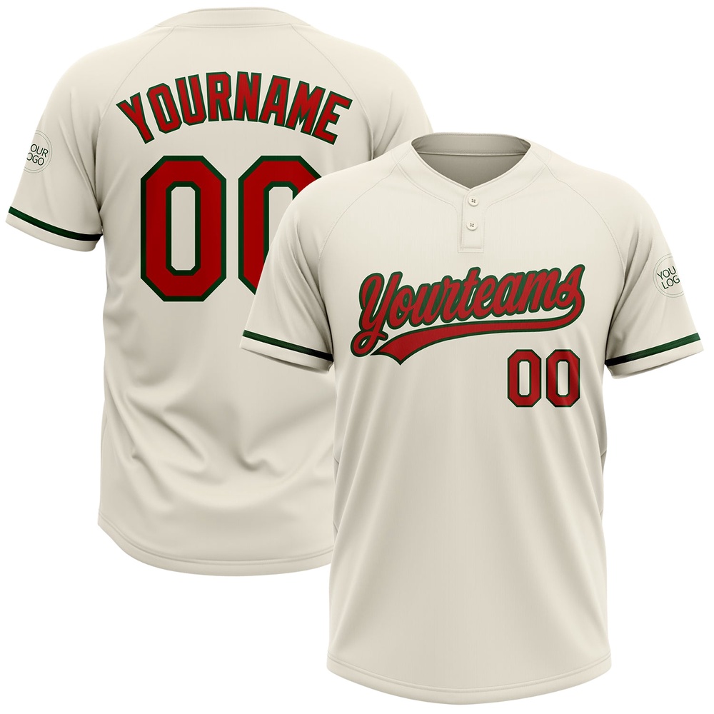 Cream Red Green Two Button Unisex Softball Jersey, Custom Team Softball Jersey