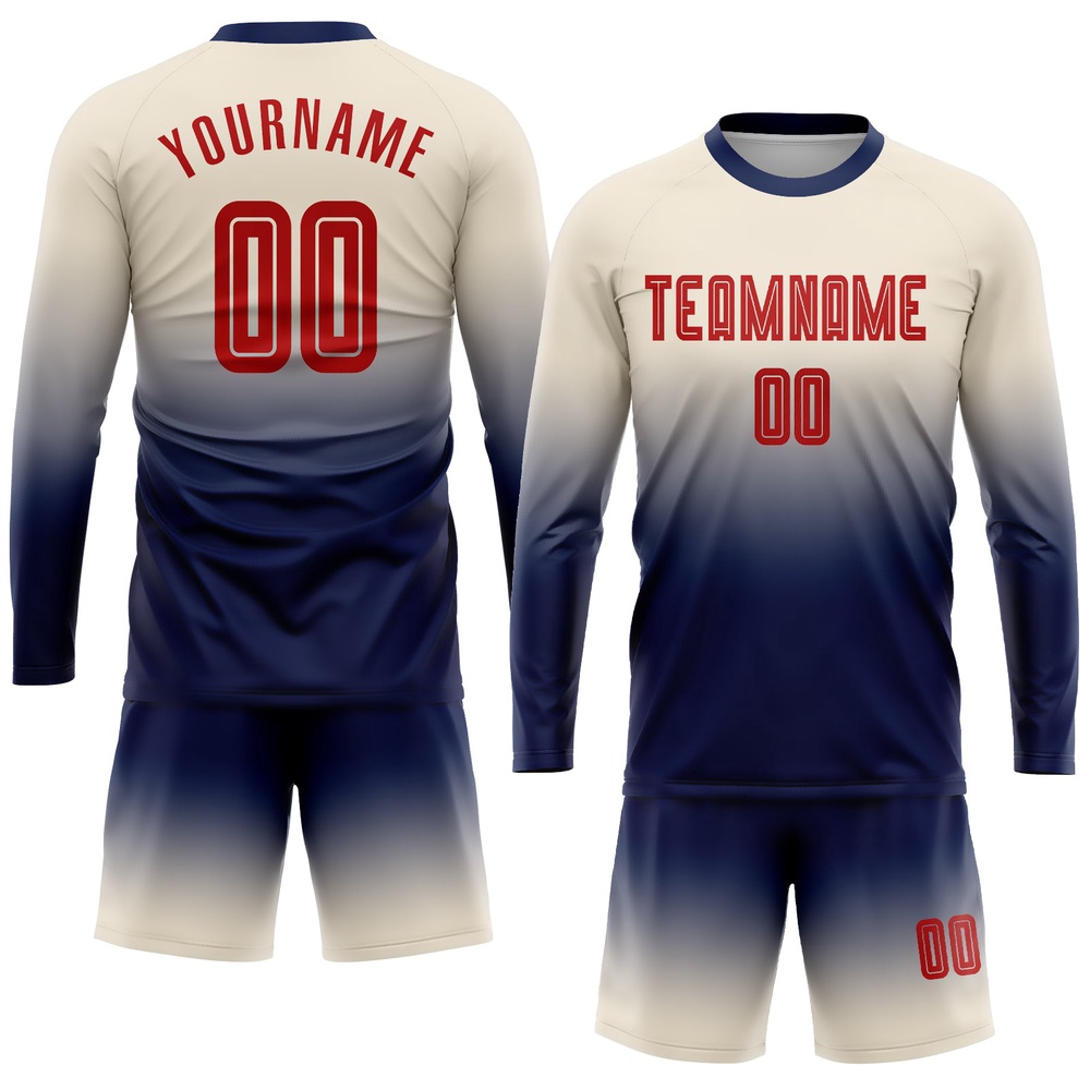 Cream Red Navy Sublimation Long Sleeve Fade Fashion Soccer Uniform Jersey, Custom Team Soccer Jersey Shirt