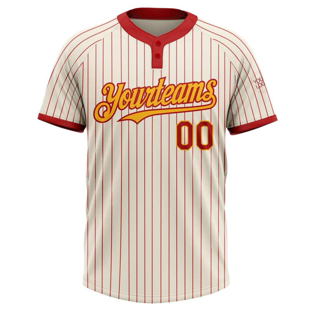 Cream Red Pinstripe Gold Two Button Unisex Softball Jersey, Custom Team Softball Jersey