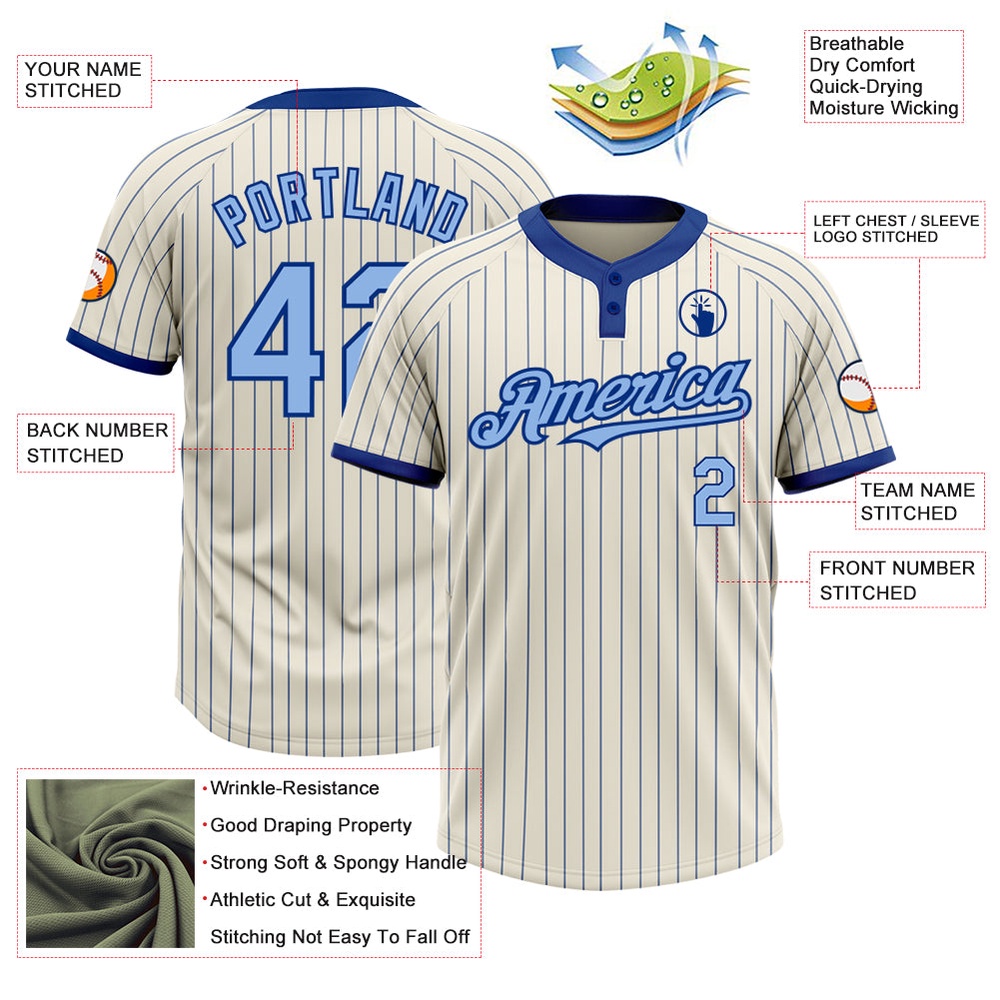 Cream Royal Pinstripe Light Blue Two Button Unisex Softball Jersey, Custom Team Softball Jersey