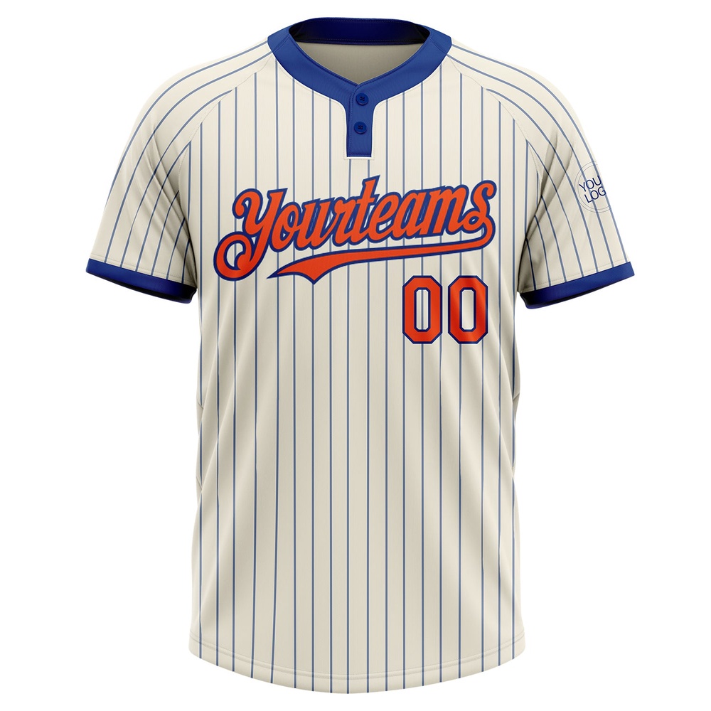 Cream Royal Pinstripe Orange Two Button Unisex Softball Jersey, Custom Team Softball Jersey