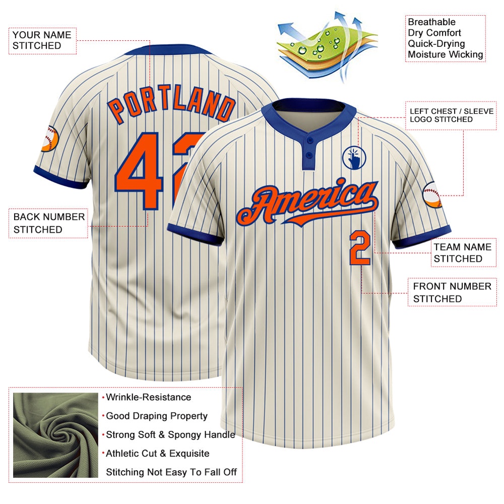 Cream Royal Pinstripe Orange Two Button Unisex Softball Jersey, Custom Team Softball Jersey