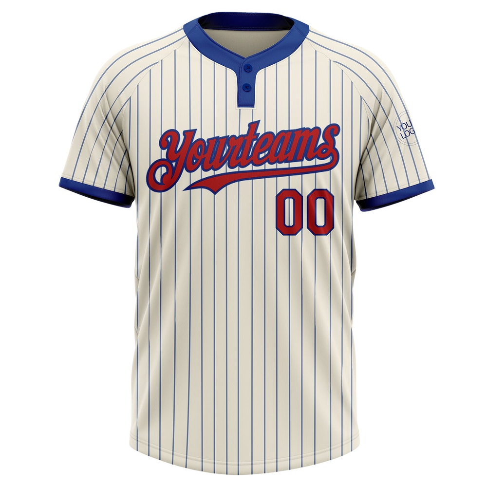 Cream Royal Pinstripe Red Two Button Unisex Softball Jersey, Custom Team Softball Jersey