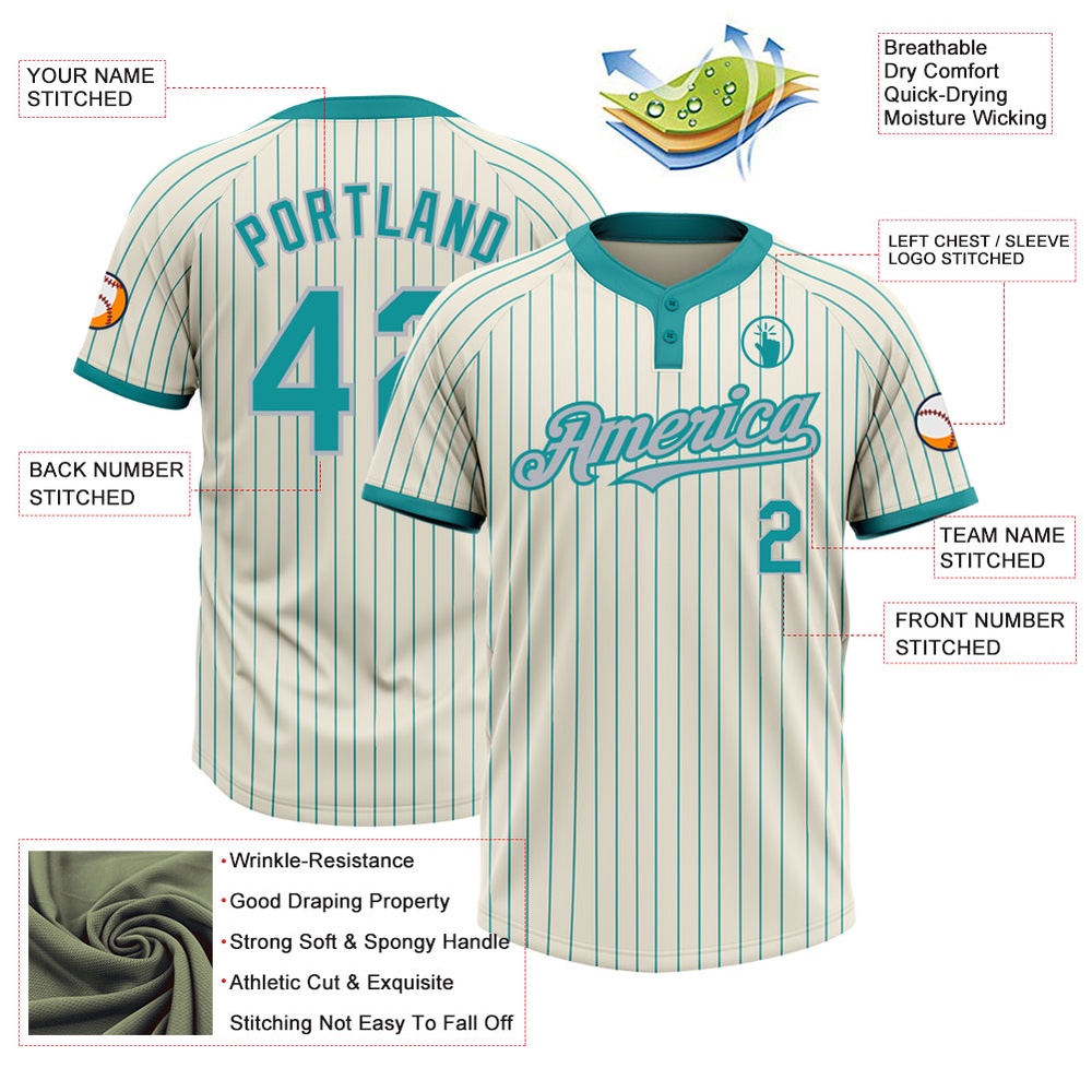 Cream Teal Pinstripe Gray Two Button Unisex Softball Jersey, Custom Team Softball Jersey