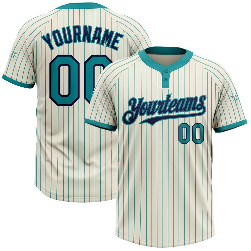 Cream Teal Pinstripe Navy Two Button Unisex Softball Jersey, Custom Team Softball Jersey