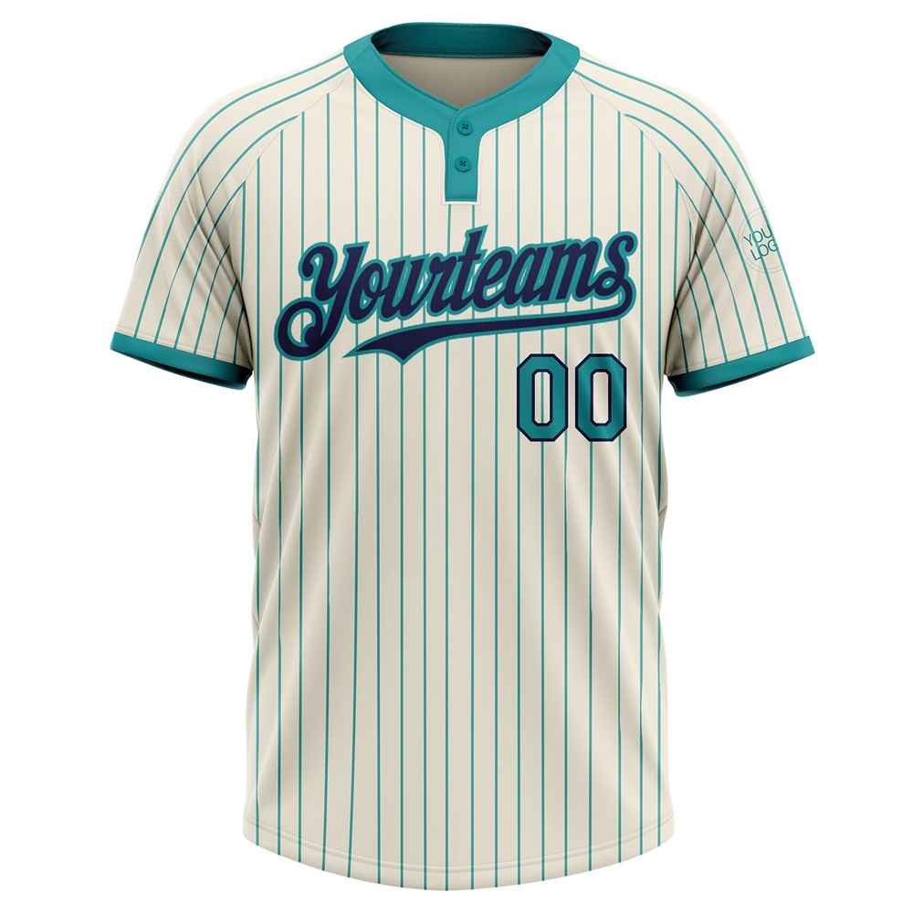 Cream Teal Pinstripe Navy Two Button Unisex Softball Jersey, Custom Team Softball Jersey