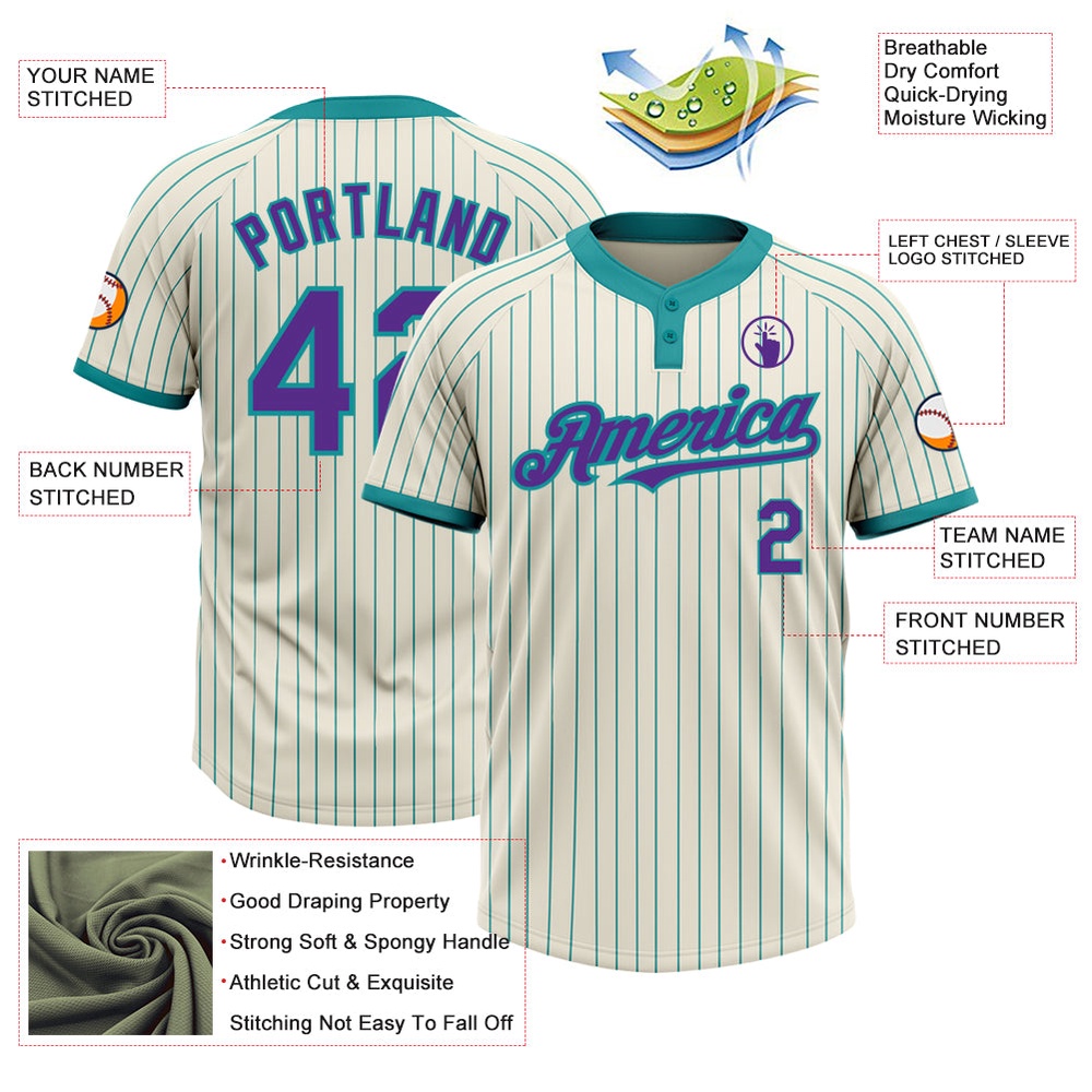 Cream Teal Pinstripe Purple Two Button Unisex Softball Jersey, Custom Team Softball Jersey