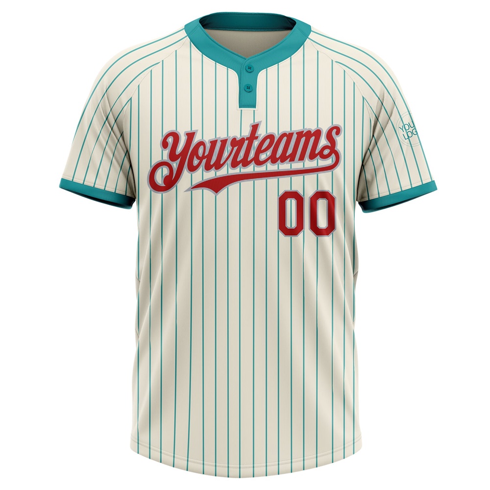 Cream Teal Pinstripe Red Gray Two Button Unisex Softball Jersey, Custom Team Softball Jersey