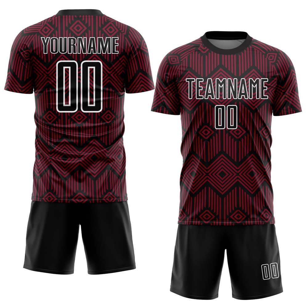 Crimson Black White Abstract Geometric Shapes Sublimation Soccer Uniform Jersey, Custom Team Soccer Jersey Shirt