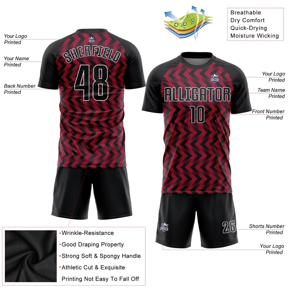 Crimson Black White Sublimation Soccer Uniform Jersey, Custom Team Soccer Jersey Shirt