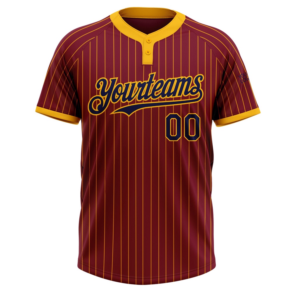 Crimson Gold Pinstripe Navy Two Button Unisex Softball Jersey, Custom Team Softball Jersey Crimson Gold Pinstripe Navy Two Button Unisex Softball Jersey, Custom Team Softball Jersey