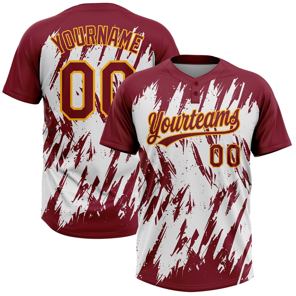 Crimson Gold White 3D Pattern Abstract Sharp Shape Two Button Unisex Softball Jersey, Custom Team Softball Jersey