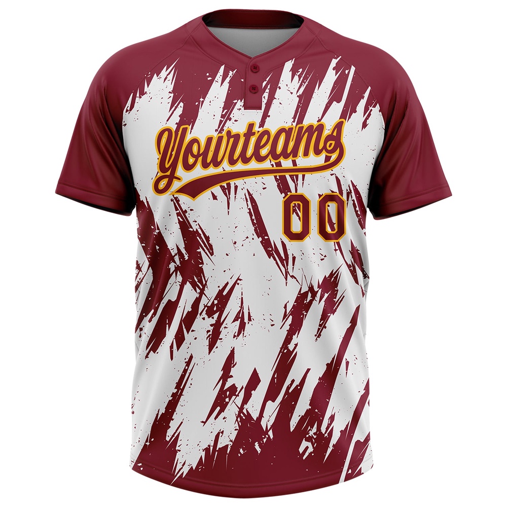 Crimson Gold White 3D Pattern Abstract Sharp Shape Two Button Unisex Softball Jersey, Custom Team Softball Jersey