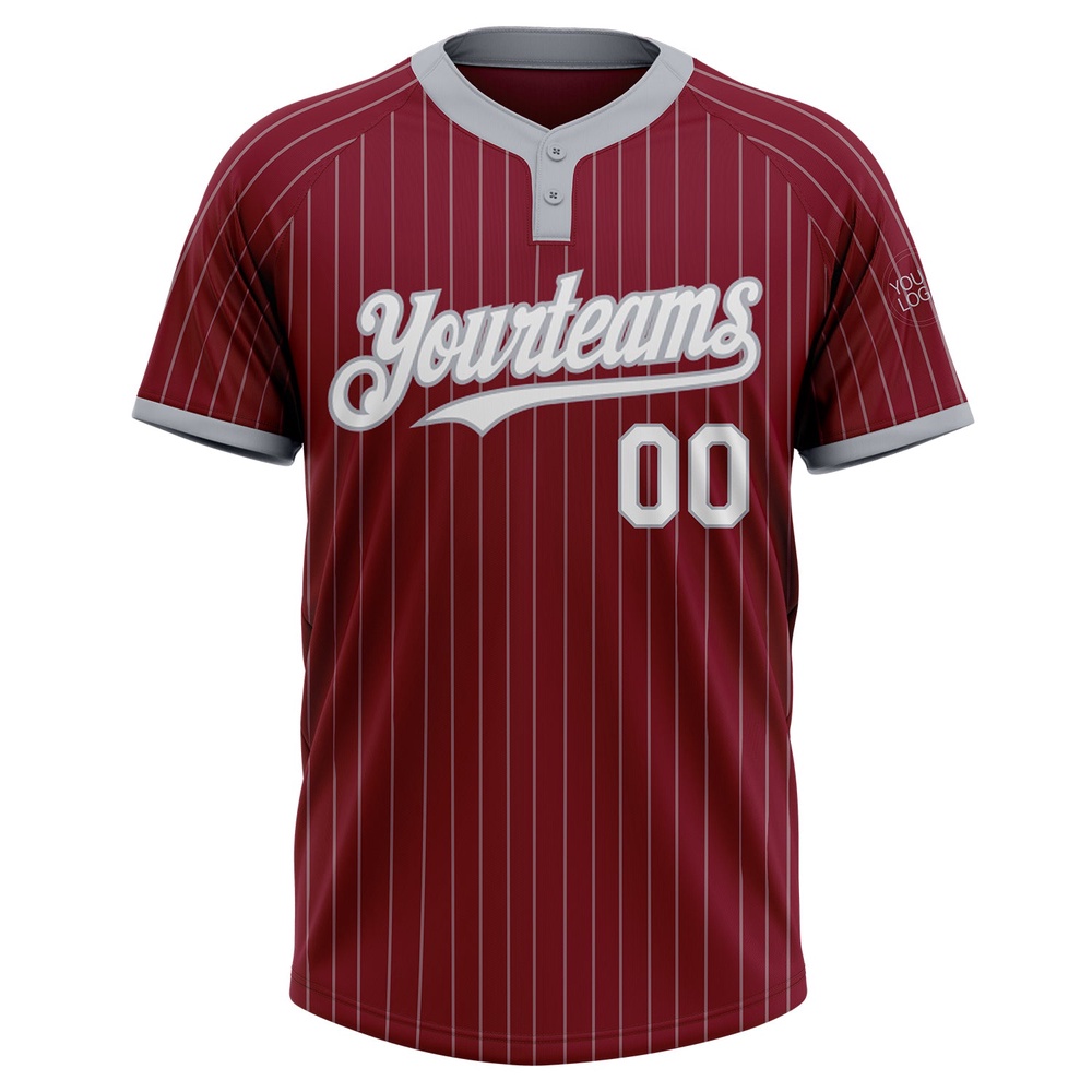 Crimson Gray Pinstripe White Two Button Unisex Softball Jersey, Custom Team Softball Jersey