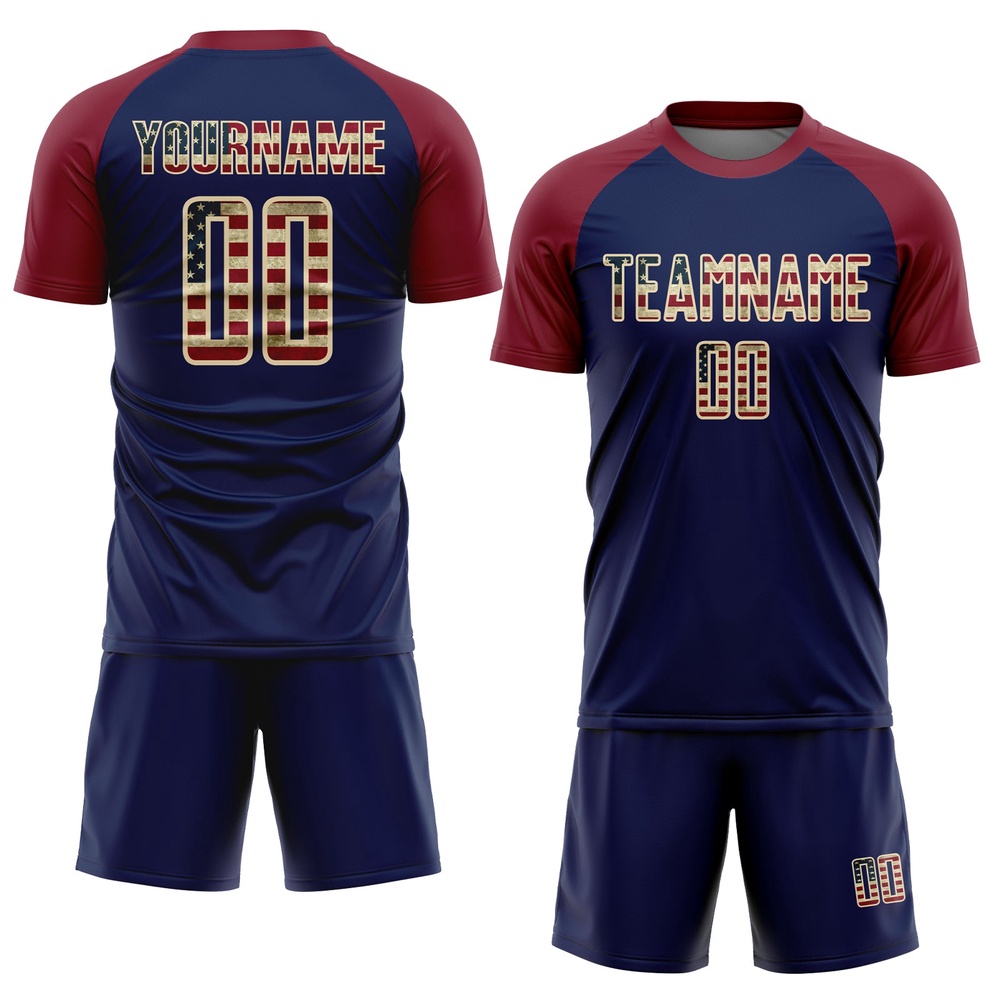 Crimson Vintage USA Flag Navy Cream Sublimation Soccer Uniform Jersey, Custom Team Soccer Jersey Shirt