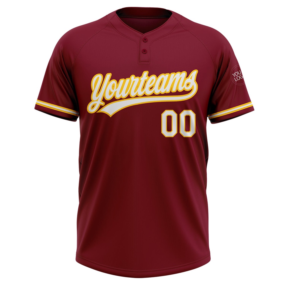 Crimson White Yellow Two Button Unisex Softball Jersey, Custom Team Softball Jersey