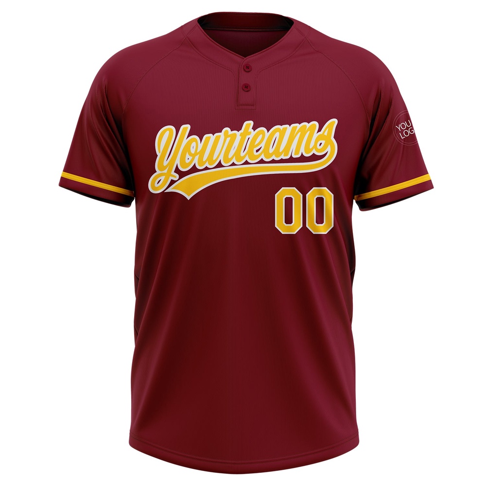 Crimson Yellow White Two Button Unisex Softball Jersey, Custom Team Softball Jersey