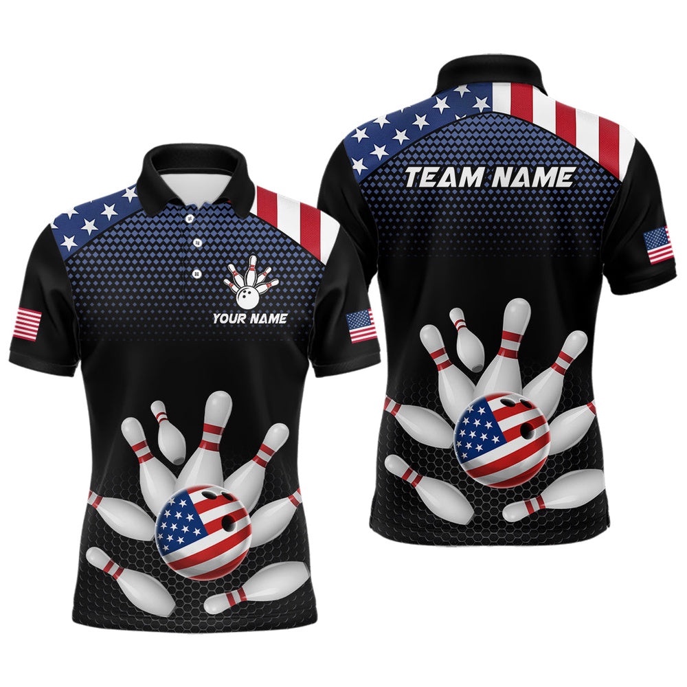 Custom American Flag Bowling Polo Shirt Men Women Patriotic Bowling Polo Shirt For Team, Personalized Bowling Team Shirt