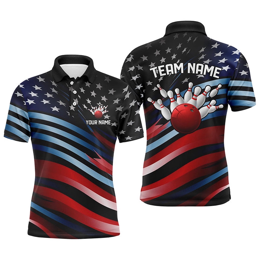 Custom American Flag Team Bowling Polo Shirts For Men, Patriotic Bowling Team Polo Shirt Outfit, Personalized Bowling Team Shirt