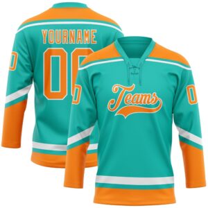 Custom Aqua Bay Orange White Hockey Lace Neck Jersey, New Hockey Jersey, Personali Sport Team Jersey Shirt