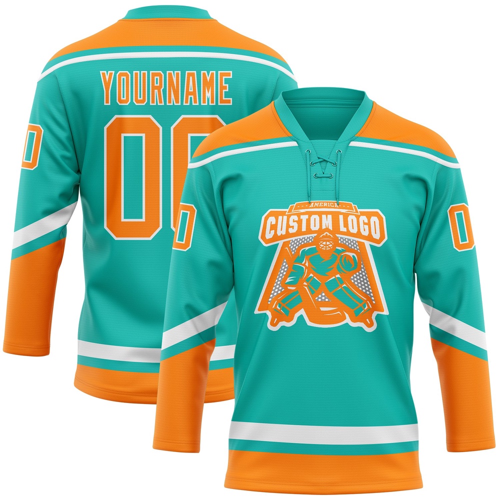 Custom Aqua Bay Orange White Hockey Lace Neck Jersey, New Hockey Jersey, Personali Sport Team Jersey Shirt