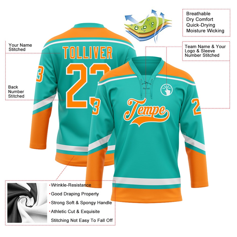 Custom Aqua Bay Orange White Hockey Lace Neck Jersey, New Hockey Jersey, Personali Sport Team Jersey Shirt