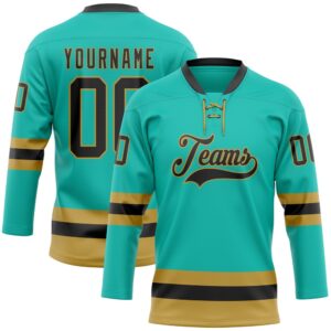 Custom Aqua Black Old Gold Hockey Lace Neck Jersey, New Hockey Jersey, Personali Sport Team Jersey Shirt