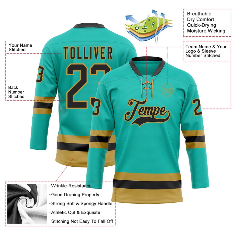 Custom Aqua Black Old Gold Hockey Lace Neck Jersey, New Hockey Jersey, Personali Sport Team Jersey Shirt