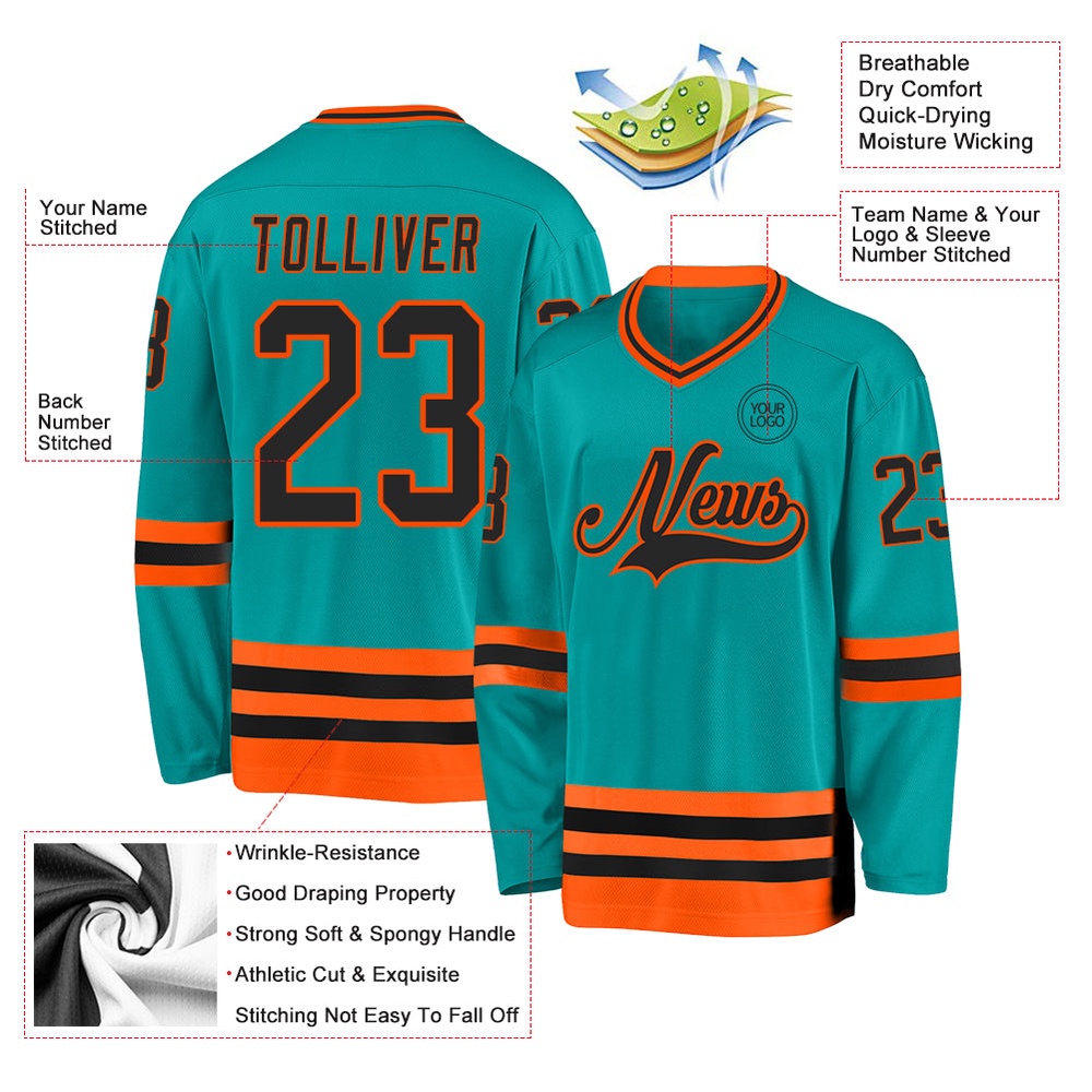 Custom Aqua Black Orange Hockey Jersey, New Hockey Jersey, Personali Sport Team Jersey Shirt