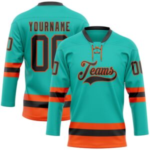 Custom Aqua Black Orange Hockey Lace Neck Jersey, New Hockey Jersey, Personali Sport Team Jersey Shirt