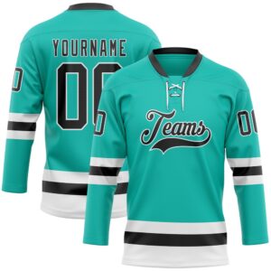 Custom Aqua Black White Hockey Lace Neck Jersey, New Hockey Jersey, Personali Sport Team Jersey Shirt