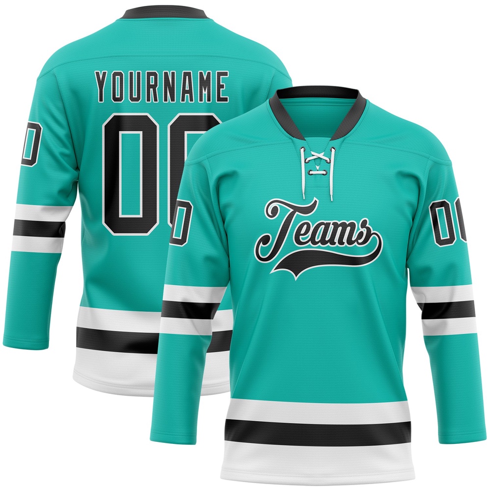 Custom Aqua Black White Hockey Lace Neck Jersey, New Hockey Jersey, Personali Sport Team Jersey Shirt