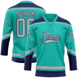 Custom Aqua Gray Navy Hockey Lace Neck Jersey, New Hockey Jersey, Personali Sport Team Jersey Shirt
