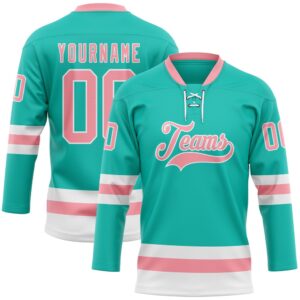 Custom Aqua Medium Pink White Hockey Lace Neck Jersey, New Hockey Jersey, Personali Sport Team Jersey Shirt