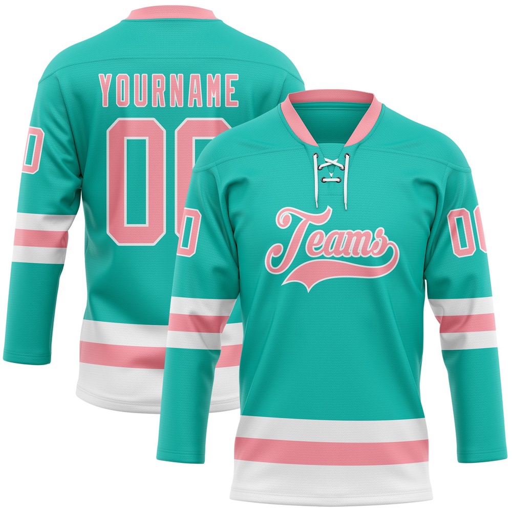 Custom Aqua Medium Pink White Hockey Lace Neck Jersey, New Hockey Jersey, Personali Sport Team Jersey Shirt