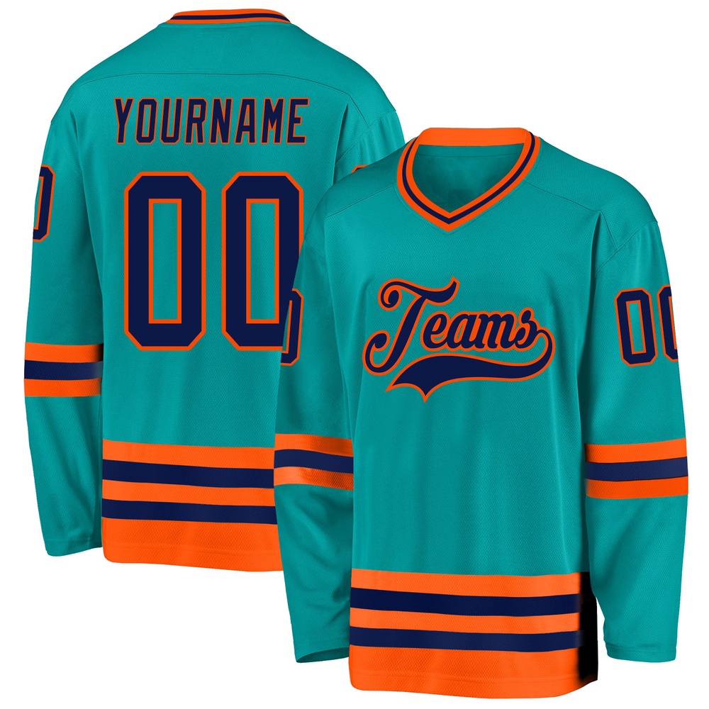 Custom Aqua Navy Orange Hockey Jersey, New Hockey Jersey, Personali Sport Team Jersey Shirt