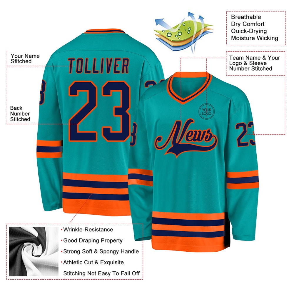 Custom Aqua Navy Orange Hockey Jersey, New Hockey Jersey, Personali Sport Team Jersey Shirt