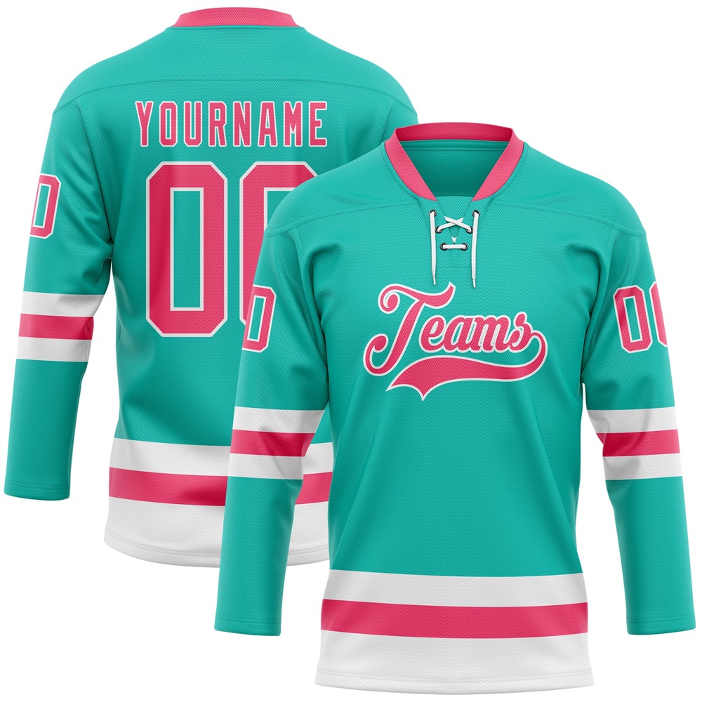 Custom Aqua Neon Pink White Hockey Lace Neck Jersey, New Hockey Jersey, Personali Sport Team Jersey Shirt