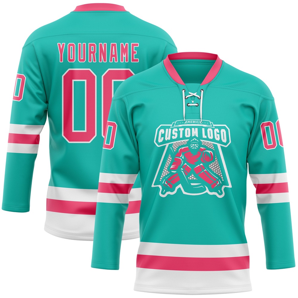 Custom Aqua Neon Pink White Hockey Lace Neck Jersey, New Hockey Jersey, Personali Sport Team Jersey Shirt