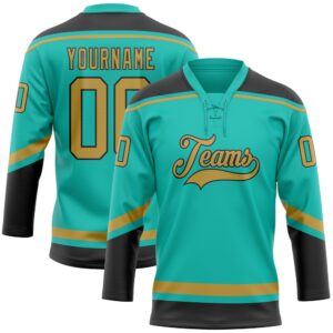 Custom Aqua Old Gold Black Hockey Lace Neck Jersey, New Hockey Jersey, Personali Sport Team Jersey Shirt