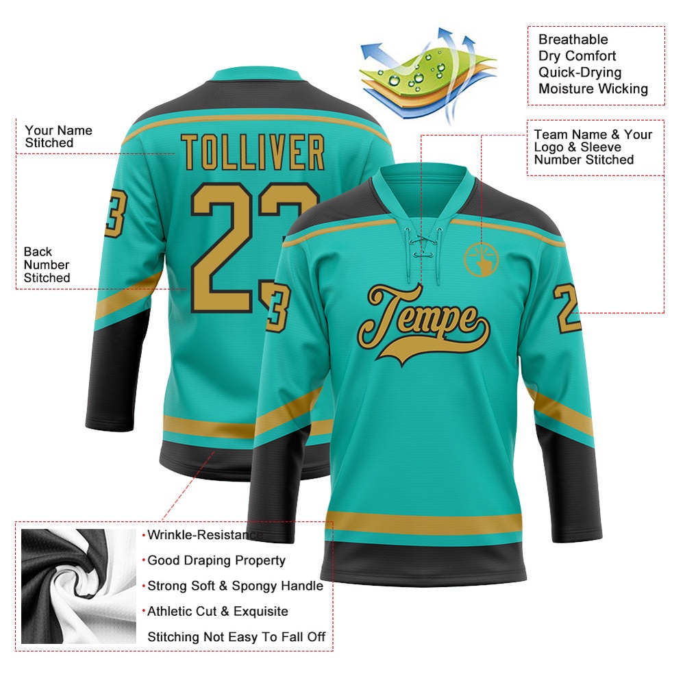Custom Aqua Old Gold Black Hockey Lace Neck Jersey, New Hockey Jersey, Personali Sport Team Jersey Shirt