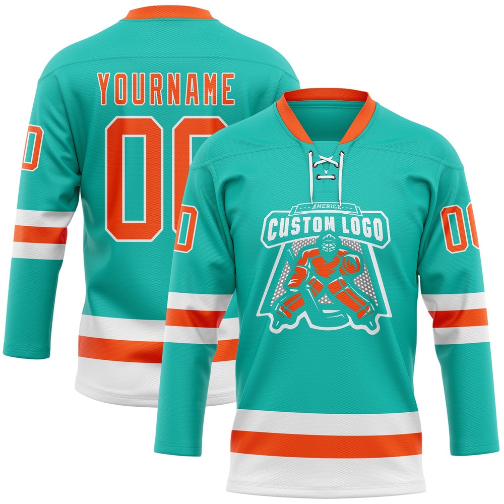 Custom Aqua Orange White Hockey Lace Neck Jersey, New Hockey Jersey, Personali Sport Team Jersey Shirt