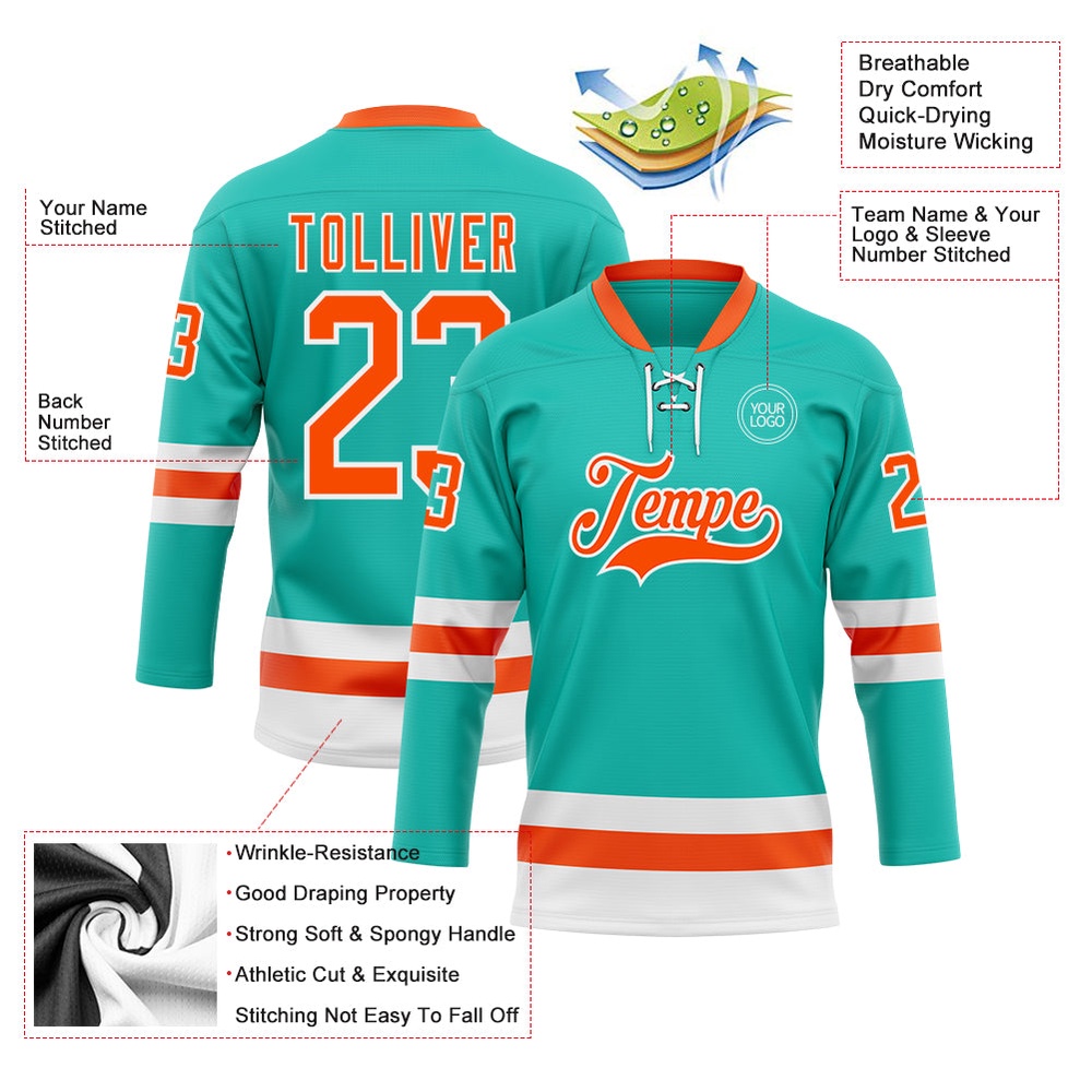 Custom Aqua Orange White Hockey Lace Neck Jersey, New Hockey Jersey, Personali Sport Team Jersey Shirt