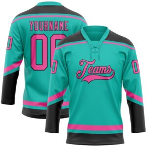 Custom Aqua Pink Black Hockey Lace Neck Jersey, New Hockey Jersey, Personali Sport Team Jersey Shirt