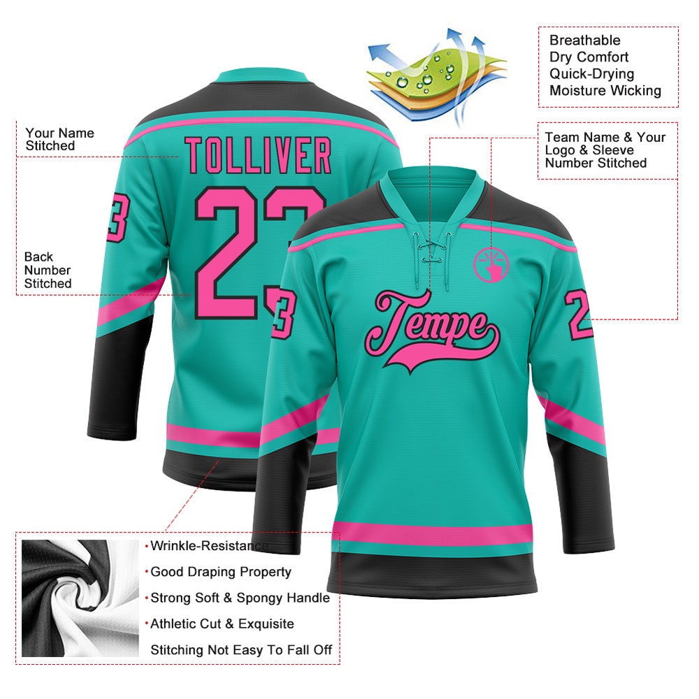 Custom Aqua Pink Black Hockey Lace Neck Jersey, New Hockey Jersey, Personali Sport Team Jersey Shirt