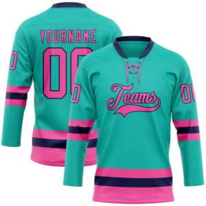 Custom Aqua Pink Navy Hockey Lace Neck Jersey, New Hockey Jersey, Personali Sport Team Jersey Shirt